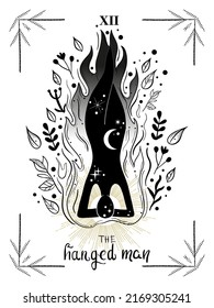 Hanged man hand drawn tarot card. Vector illustration with man stand on his head. Witchcraft concept for tarot readers