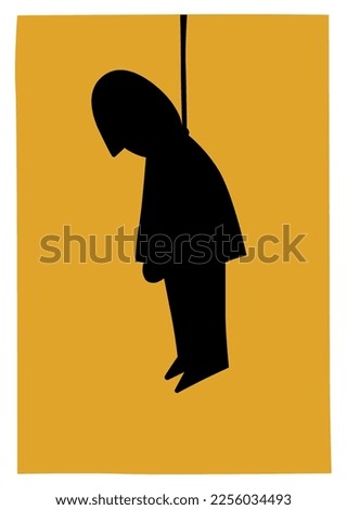 Hanged man hanging on a rope. Black silhouette cartoon style vector illustration on a yellow background.