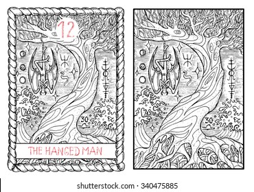 Der gehängte Mann.  Die Hauptkarte des Arcana-Tarot, handgezeichnete, handgezeichnete Illustration mit mystischen Symbolen. Vampire Dracula oder Dämon hängt auf dem alten Baum. 