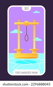 The Hanged Man tarot cartoon flat card template major arcana. Taro vector illustration spiritual signs with esoteric magic and astrology symbols. Isolated colored graphic. Witchcraft concept EPS