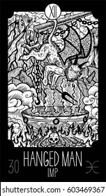 Hanged Man.12 Major Arcana Tarot Card. Imp in hell. Fantasy engraved line art illustration. Engraved vector drawing. See all collection in my portfolio set. 