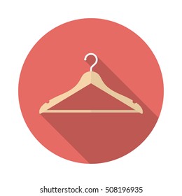 Hanger circle icon with long shadow. Flat design style. Hanger simple silhouette. Modern, minimalist, round icon in stylish colors. Web site page and mobile app design vector element.
