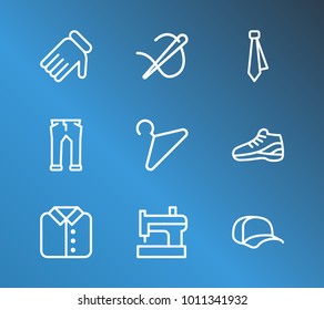 Hanger and cloth icon line set with sew, tie and sneaker. Eyelet related cloth icon vector items for web UI logo design.