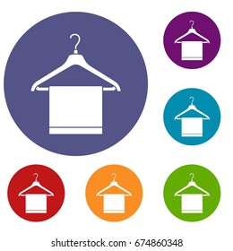 Hanger with cloth icons set in flat circle reb, blue and green color for web