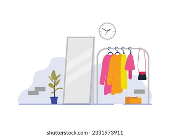 Hanger clothes fashion style female colorful outfit standing mirror glass wardrobe room