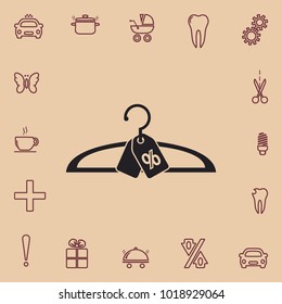 Hanger for clothes with sale tags, vector icon