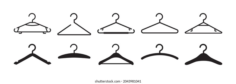 Hanger clothes vector icon, hook for wardrobe, black silhouettes different shapes isolated on white background. Fashion illustration