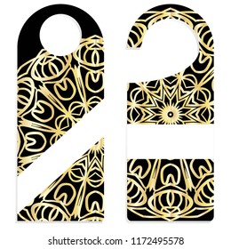 Hanger die cut. Empty shablon with floral mandala ornament. Vector illustration. hotel door hang tag signs.