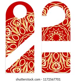 Hanger die cut. Empty shablon with floral mandala ornament. Vector illustration. hotel door hang tag signs.