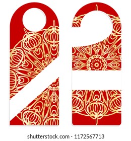 Hanger die cut. Empty shablon with floral mandala ornament. Vector illustration. hotel door hang tag signs.