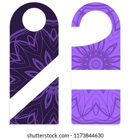 Hanger die cut. Empty shablon with floral mandala ornament. Vector illustration. hotel door hang tag signs