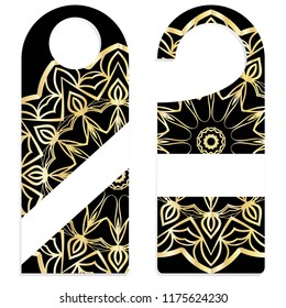 Hanger die cut. Empty shablon with floral mandala ornament. Vector illustration. hotel door hang tag signs.