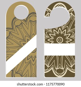 Hanger die cut. Empty shablon with floral mandala ornament. Vector illustration. hotel door hang tag signs