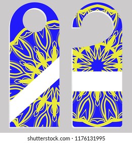 Hanger die cut. Empty shablon with floral mandala ornament. Vector illustration. hotel door hang tag signs