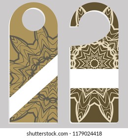 Hanger die cut. Empty shablon with floral mandala ornament. Vector illustration. hotel door hang tag signs