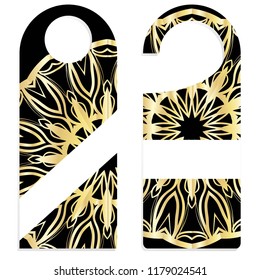 Hanger die cut. Empty shablon with floral mandala ornament. Vector illustration. hotel door hang tag signs.
