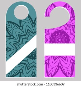 Hanger die cut. Empty shablon with floral mandala ornament. Vector illustration. hotel door hang tag signs