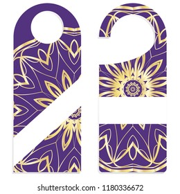 Hanger die cut. Empty shablon with floral mandala ornament. Vector illustration. hotel door hang tag signs.