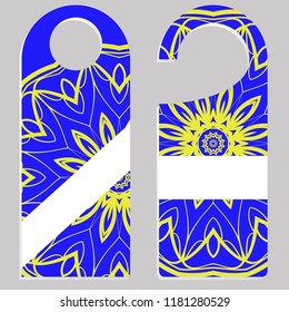 Hanger die cut. Empty shablon with floral mandala ornament. Vector illustration. hotel door hang tag signs