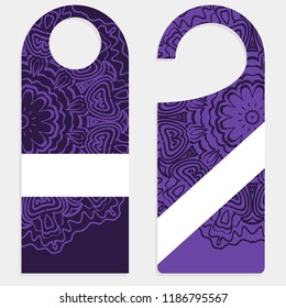 Hanger die cut. Empty shablon with floral mandala ornament. Vector illustration. hotel door hang tag signs