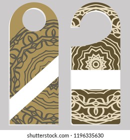 Hanger die cut. Empty shablon with floral mandala ornament. Vector illustration. hotel door hang tag signs