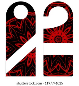 Hanger die cut. Empty shablon with floral mandala ornament. Vector illustration. hotel door hang tag signs.