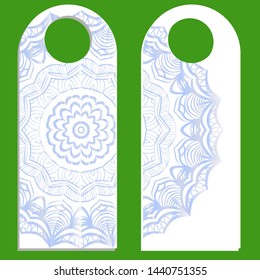 Hanger die cut. Empty shablon with floral mandala ornament. Vector illustration. hotel door hang tag signs.