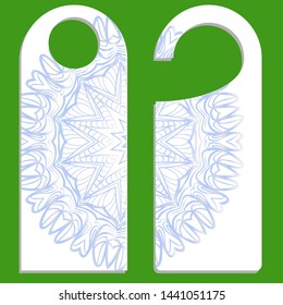 Hanger die cut. Empty shablon with floral mandala ornament. Vector illustration. hotel door hang tag signs.