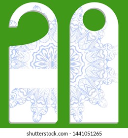 Hanger die cut. Empty shablon with floral mandala ornament. Vector illustration. hotel door hang tag signs.