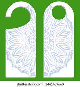 Hanger die cut. Empty shablon with floral mandala ornament. Vector illustration. hotel door hang tag signs.