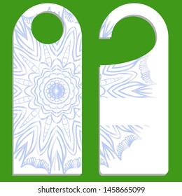 Hanger die cut. Empty shablon with floral mandala ornament. Vector illustration. hotel door hang tag signs.