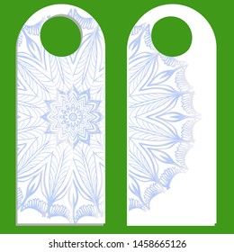 Hanger die cut. Empty shablon with floral mandala ornament. Vector illustration. hotel door hang tag signs.