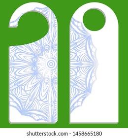 Hanger die cut. Empty shablon with floral mandala ornament. Vector illustration. hotel door hang tag signs.