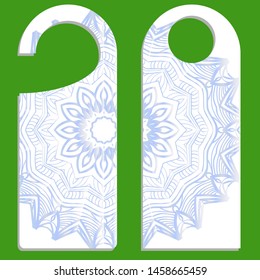 Hanger die cut. Empty shablon with floral mandala ornament. Vector illustration. hotel door hang tag signs.