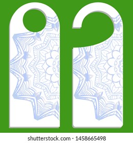 Hanger die cut. Empty shablon with floral mandala ornament. Vector illustration. hotel door hang tag signs.