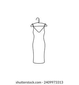 Hanger and dress emblem or logo design, сontinuous line drawing, small tattoo, print for clothes and logo design, fashion shop logo, silhouette one single line on a white background, isolated vector.