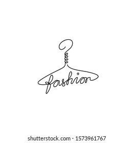 Hanger, fashion inscription, emblem or logo design, сontinuous line drawing, small tattoo, print for clothes and logo design, fashion shop logo, isolated vector illustration.