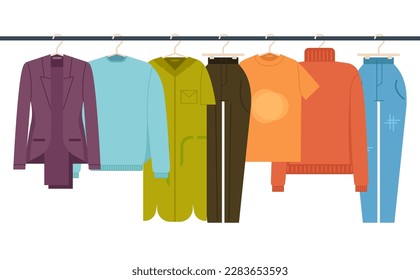 Hanger garment rail wardrobe rack dress shop closet concept. Vector graphic design illustration