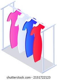 Hanger for home or boutique interior. Colored pants and jeans on hangers for fitting room. Wardrobe items on stand isolated on white background. Choosing clothes, garments for outfit concept
