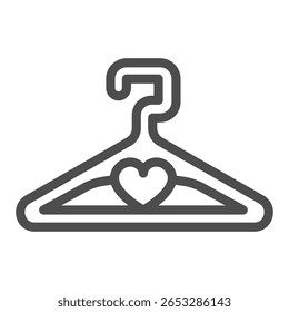 Cabide com gancho e ícone de linha do coração, conceito de tema de costura. Gráficos vetoriais. Alça de gancho para o sinal de roupas no fundo branco, ícone de estilo de contorno para design móvel ou web
