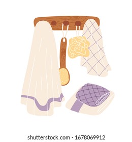 A hanger with hooks on which hangs a towels and bath pouf and near add together another towels. Flat vector hand drawn illustration on isolated background.