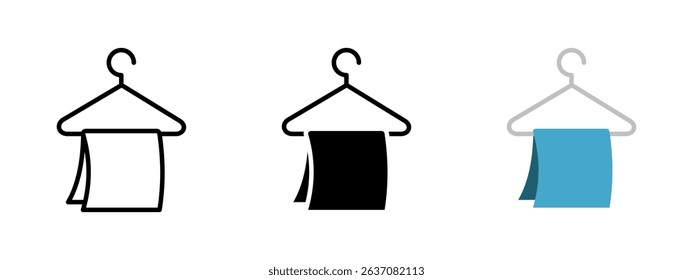 Hanger icon. Clothes hanger with hanging towel vector illustration. Bathroom or laundry accessory for drying fabric symbol. Hygiene and textile care sign. Home interior pictogram.