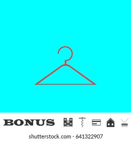 Hanger icon flat. Red pictogram on blue background. Vector illustration symbol and bonus buttons Music center, corkscrew, credit card, house, drum