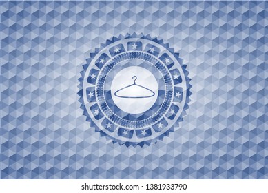 hanger icon inside blue badge with geometric background.