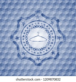 hanger icon inside blue emblem or badge with abstract geometric pattern background.