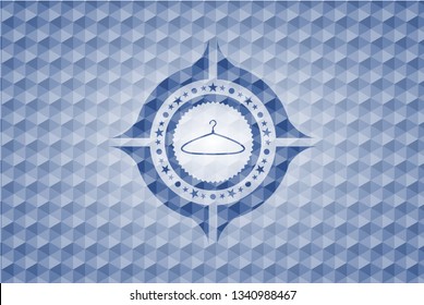hanger icon inside blue emblem or badge with geometric pattern background.