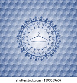 hanger icon inside blue emblem with geometric pattern background.