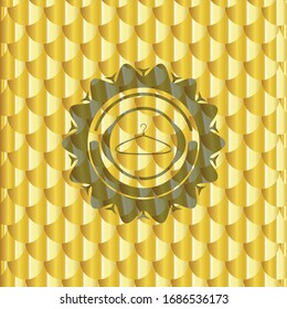 hanger icon inside gold emblem or badge. Scales pattern. Vector Illustration. Detailed.