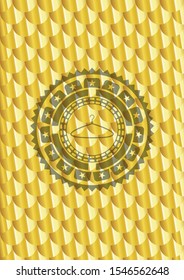 hanger icon inside gold shiny badge. Scales pattern. Vector Illustration. Detailed.