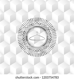 hanger icon inside grey badge with geometric cube white background